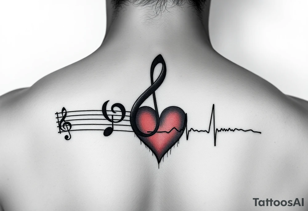 Music staff with treble clef and music notes and Ekg line with red heart tattoo idea