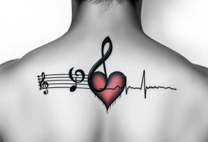 Music staff with treble clef and music notes and Ekg line with red heart tattoo idea