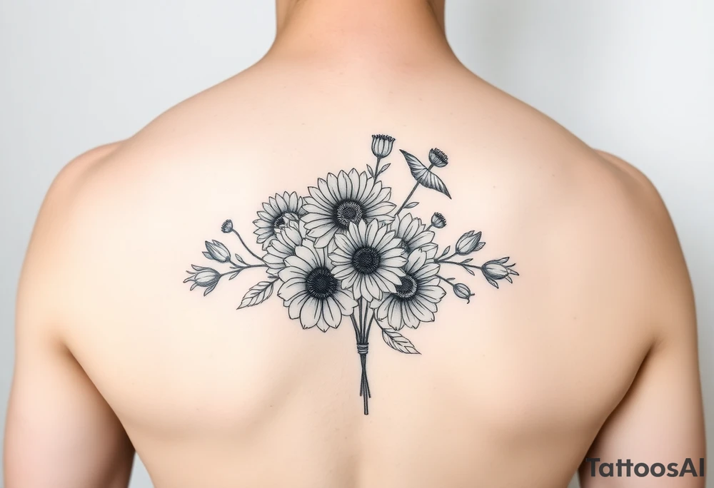 Flower bouquet with Chrysanthemums, poppy’s and violets tattoo idea