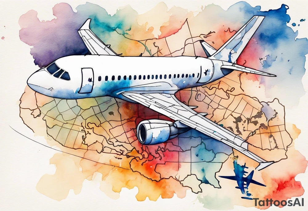 Map with tiny jet plane showing intercontinental flight path. Watercolor with spilled watercolor look abstract tattoo idea