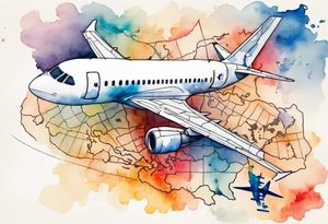 Map with tiny jet plane showing intercontinental flight path. Watercolor with spilled watercolor look abstract tattoo idea