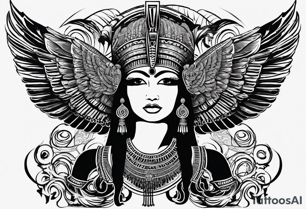 black and white Egyptian goddess Isis, who is often depicted as a woman with outstretched wings, holding an ankh (a symbol of life) in one hand and a lotus flower in the other. Her headdress often includes a throne or a solar disk. The tattoo design can vary in style and size, but it typically aims to capture the essence of this revered Egyptian deity, emphasizing her beauty, power, and maternal qualities. The choice of colors and additional elements can also be customized to create a unique and visually striking representation of the goddess Isis tattoo idea