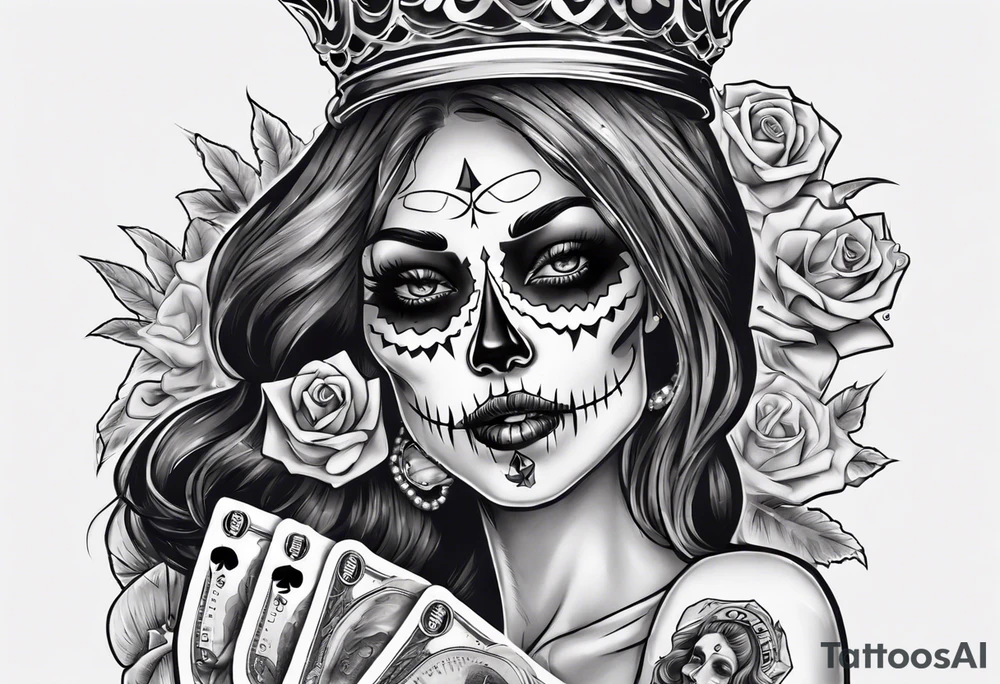 santa la muerta with money and crown
on the card tattoo idea