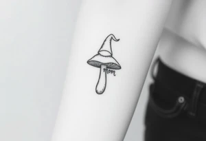Mushroom with word mom on it with gnome on top tattoo idea