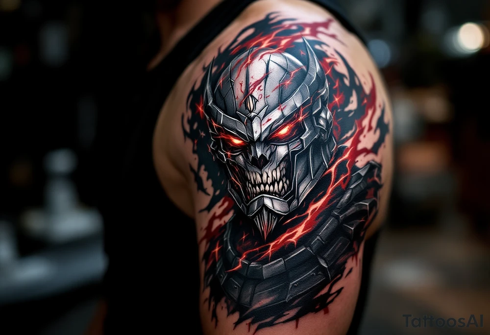 Battle Stafford – A mythic warrior-style Stafford with armor plating, glowing scarlet scars, and a fierce stance – in black, gunmetal gray, and blood red. tattoo idea