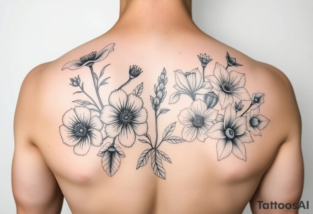 poppy, gladiolus, holly, narcissistic, poinsettia, daisy, and sweet pea sleeve tattoo tattoo idea