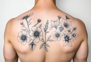 poppy, gladiolus, holly, narcissistic, poinsettia, daisy, and sweet pea sleeve tattoo tattoo idea