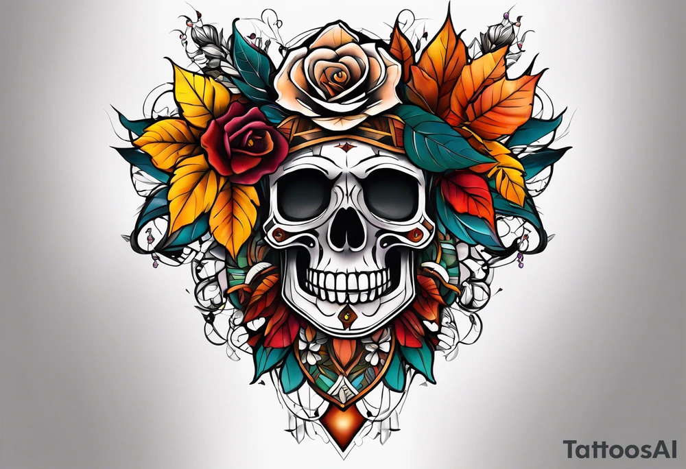 Knee tattoo with fall colors, flowers, skulls and geometric shapes. tattoo idea