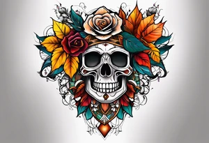Knee tattoo with fall colors, flowers, skulls and geometric shapes. tattoo idea
