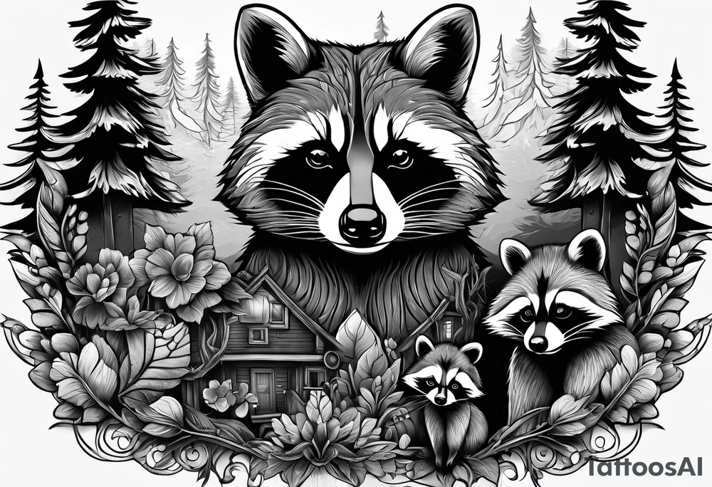 Very detailed Raccoon Husband with wife and 3 sons.
Background modern House between woods tattoo idea