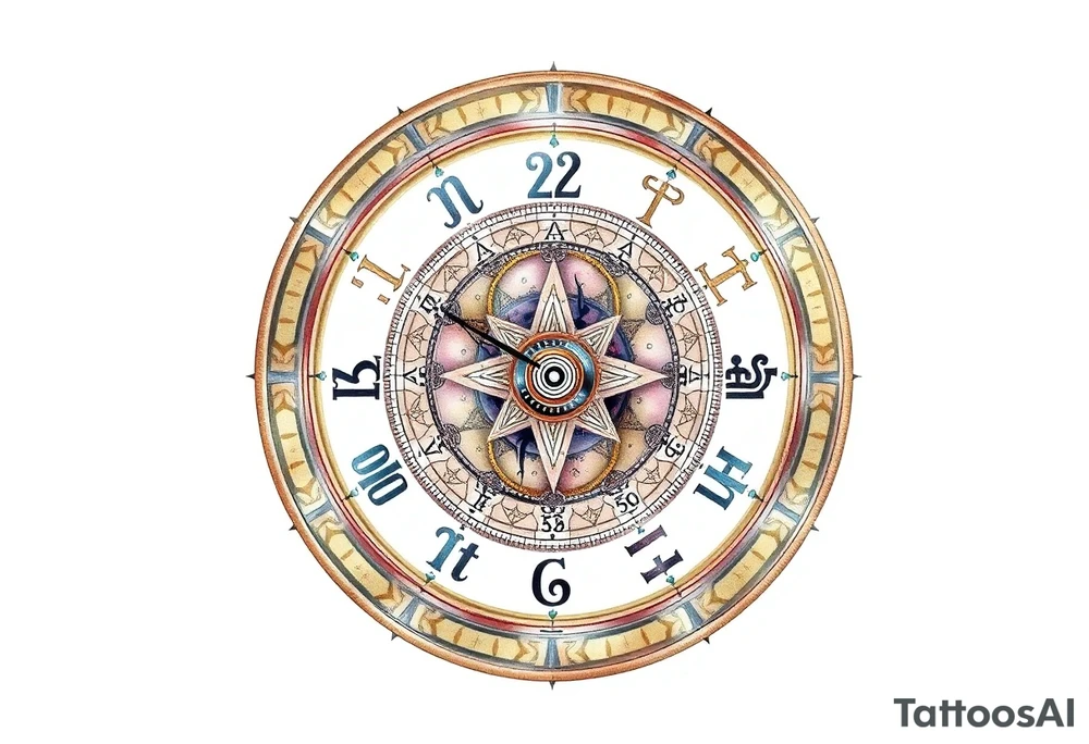 zodiac symbols and Norse runes within ornate clockwork mechanism tattoo idea