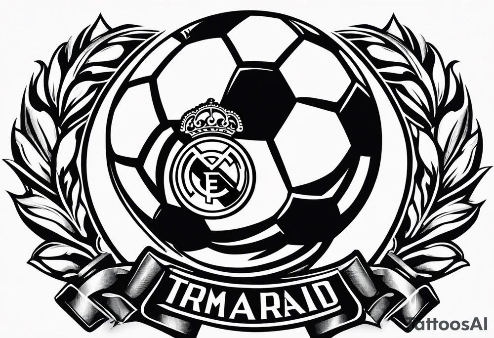 Half sleeve of a champions league ballon shoulder & Real Madrid crest on side of bicep & champions league trophy on tricep tattoo idea