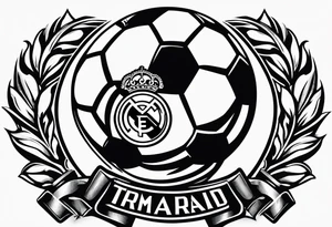 Half sleeve of a champions league ballon shoulder & Real Madrid crest on side of bicep & champions league trophy on tricep tattoo idea