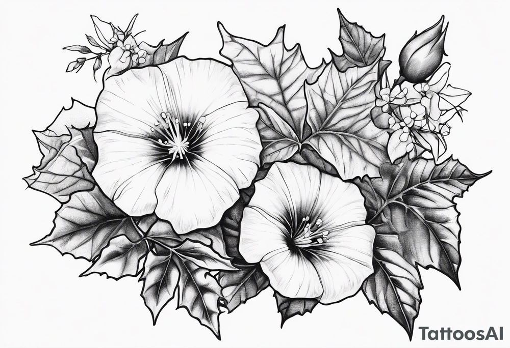 Bouquet of morning glories and holly tattoo idea