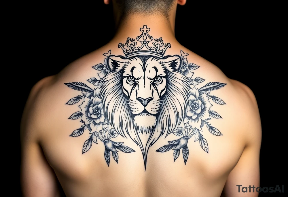 powerful majestic lion with a crown, surrounded by floral ornaments and birds tattoo idea