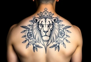 powerful majestic lion with a crown, surrounded by floral ornaments and birds tattoo idea