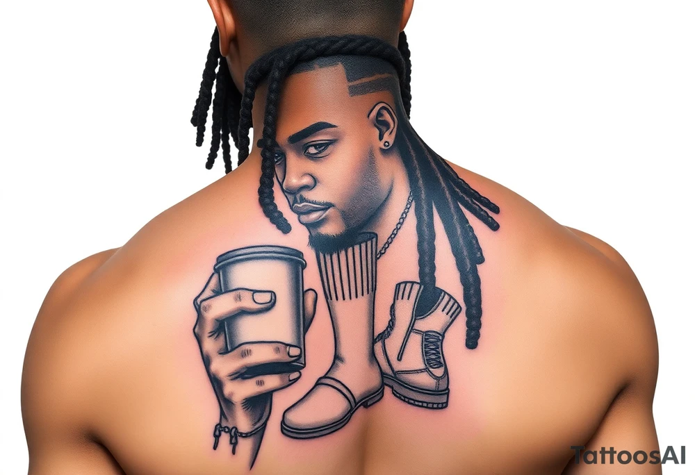 Black character with dread locs holding a coffee in one hand with socks and Jordan’s on tattoo idea
