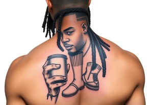 Black character with dread locs holding a coffee in one hand with socks and Jordan’s on tattoo idea