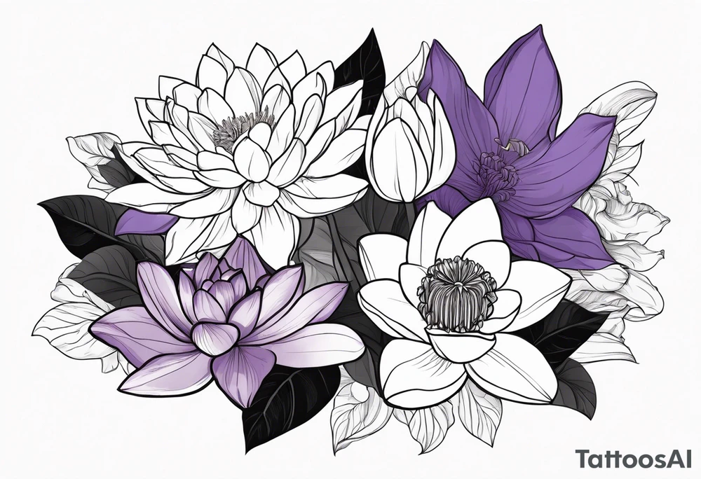 flower bouquet with 1 violet, 1 water lilly, and 1 narcissus tattoo idea