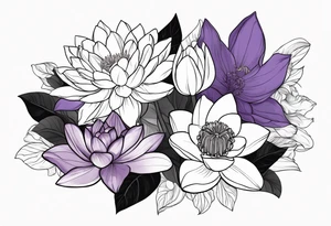 flower bouquet with 1 violet, 1 water lilly, and 1 narcissus tattoo idea