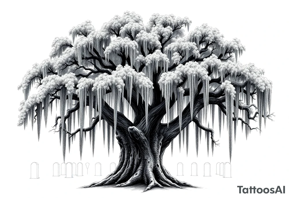 Laurel oak covered in Spanish moss in a cemetery tattoo idea
