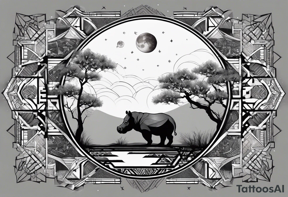 Very asymmetrical, +geometric pattern, with realistic full moon, with hippo at side look, +tribal, +geometric, +inkart , +blackwork, +grey scale, + sketch
with wintersweet flower bud, +inkart touch, +for men tattoo idea