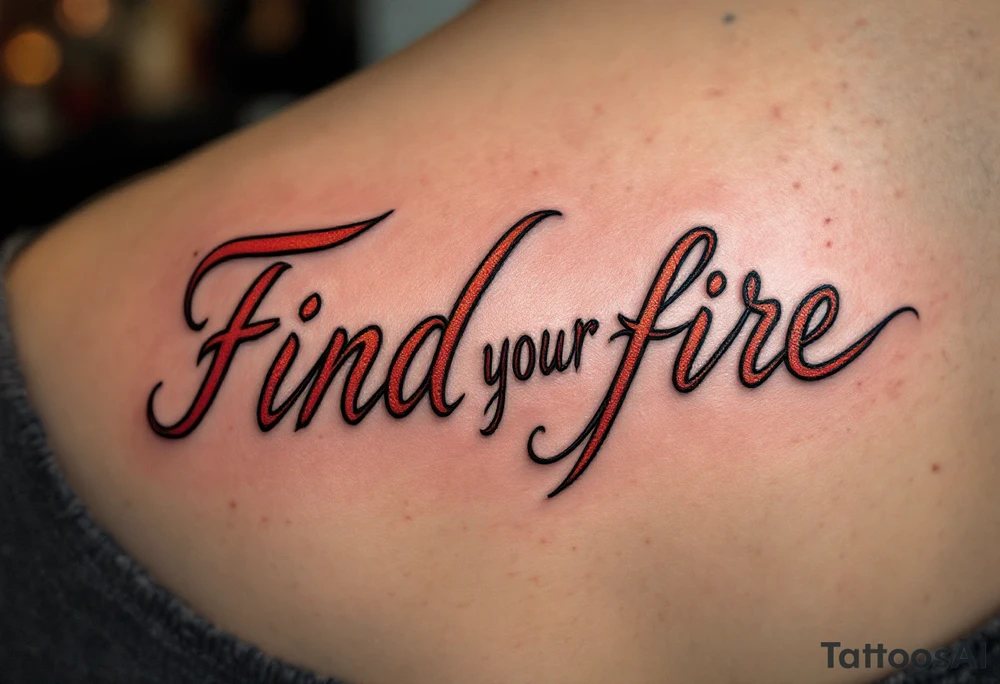 “Find your fire” in smoky red script, trailing into a stylized flame in rust and gold. tattoo idea