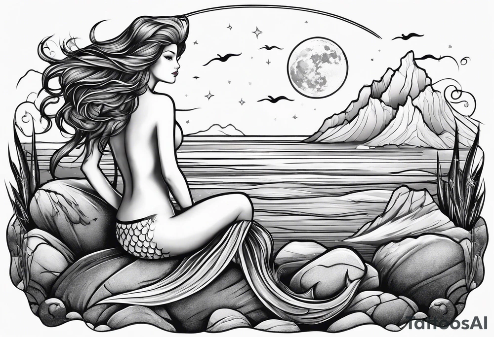 A mermaid on a rock looking out into the night sky and ocean horizon tattoo idea
