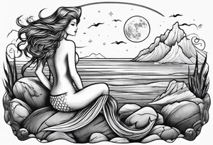 A mermaid on a rock looking out into the night sky and ocean horizon tattoo idea