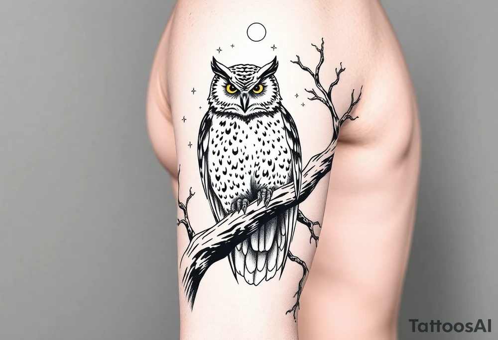 wise owl perched on ancient oak branch under starlit sky tattoo idea