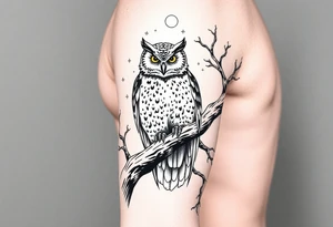 wise owl perched on ancient oak branch under starlit sky tattoo idea