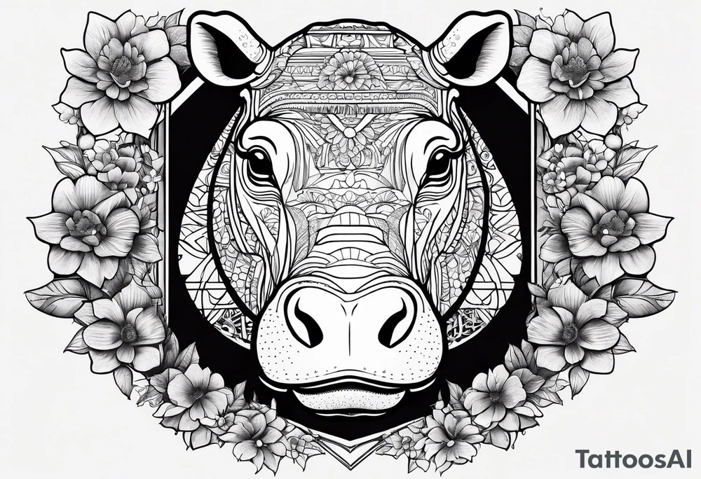 Hippo, flowers, moon, interstella, 
fine lines, tribal, geometric, japanese tattoo idea