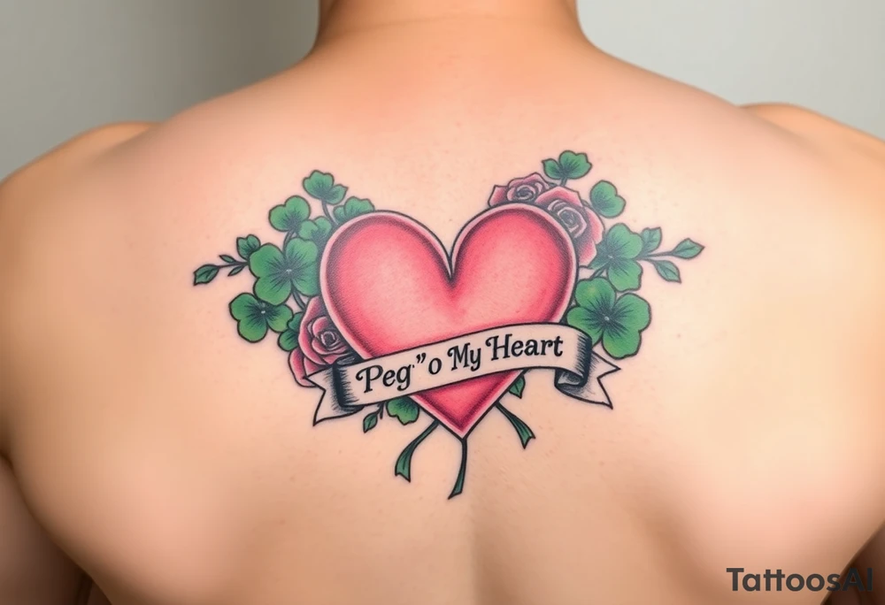 Bunch of Green shamrocks & a few red roses with a big Pink heart and a banner across the heart that says " Peg 'o My Heart" tattoo idea
