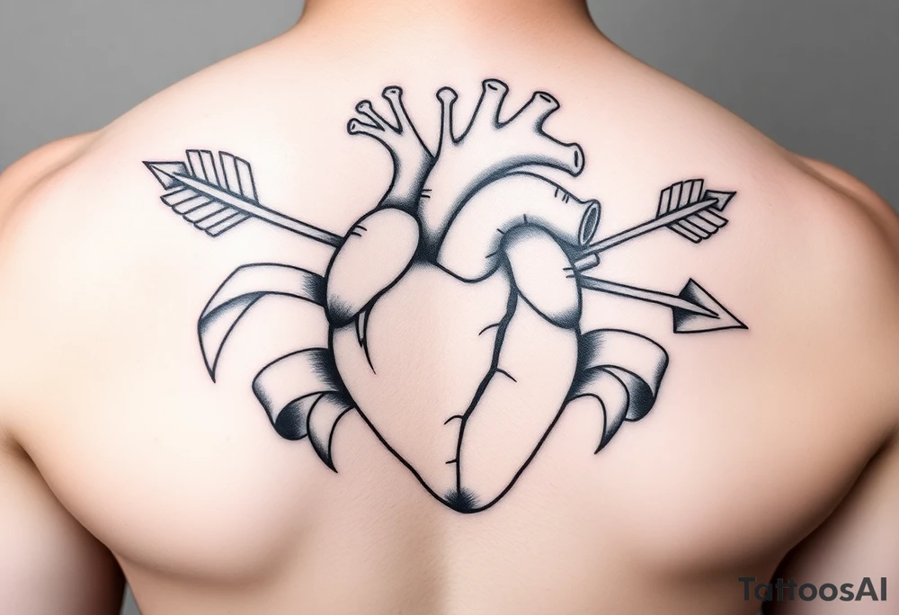 anatomical heart pierced by ornate arrow with flowing ribbons tattoo idea