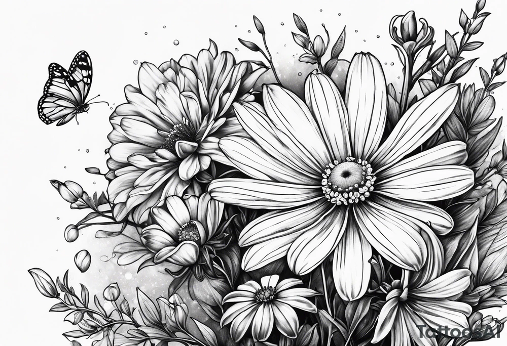 Daisy honeysuckle cosmos snowdrop tattoo idea