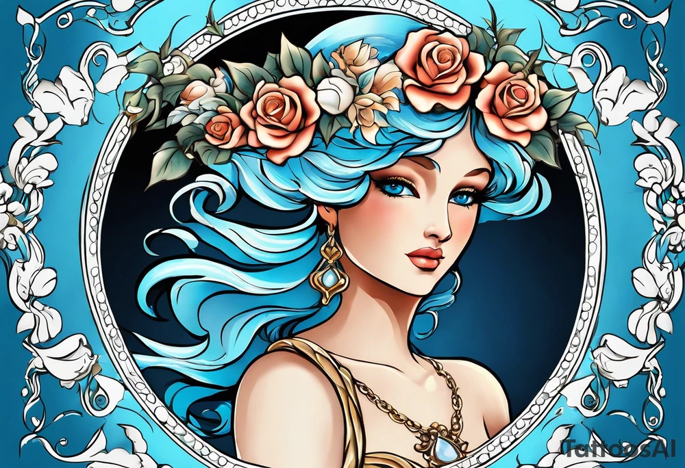 Portrait of Aphrodite: A face or full-length image of the goddess, often in a realistic style, perhaps decorated with flowers, seashells, or doves.rose, doves, shells and a mirror in his hand. background sea, blue roses frames,, romantic,background  fly boy wings and a bow, cupido tattoo idea