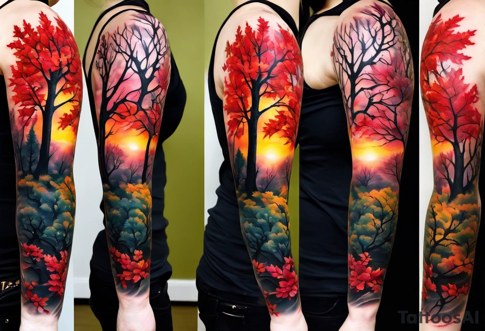 Arm tattoo. Long tattoo. Full sleeve. Shoulder. A maple tree with red autumn leaves that branches upwards. White-throated dipper bird on the trees branches. Calluna flowers at the base of the trees stem. Tree stem has dark colors. Red/yellow sunset behind the trees stem. Leaves falling. tattoo idea