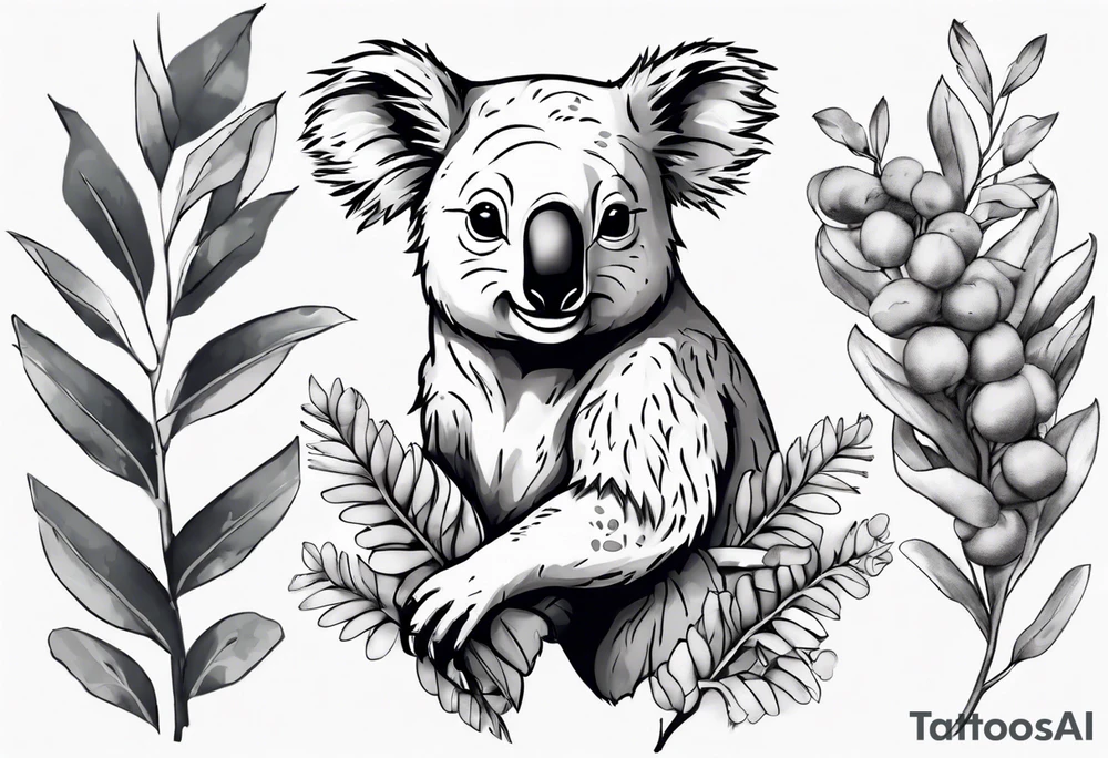 A koala with a kookaburra with eucalyptus leaves and wattle leaves tattoo idea