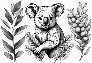 A koala with a kookaburra with eucalyptus leaves and wattle leaves tattoo idea