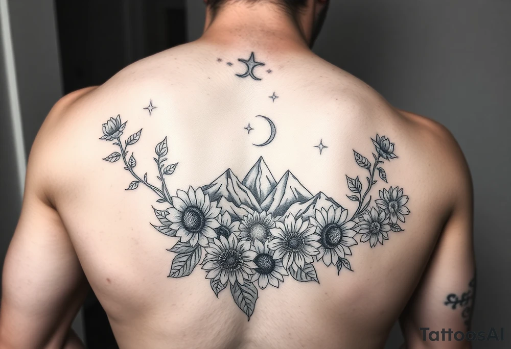 Arm and wristwrap around tattoo, with roses and vine with sunflowers moon and stars mountains tattoo idea