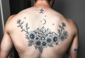 Arm and wristwrap around tattoo, with roses and vine with sunflowers moon and stars mountains tattoo idea