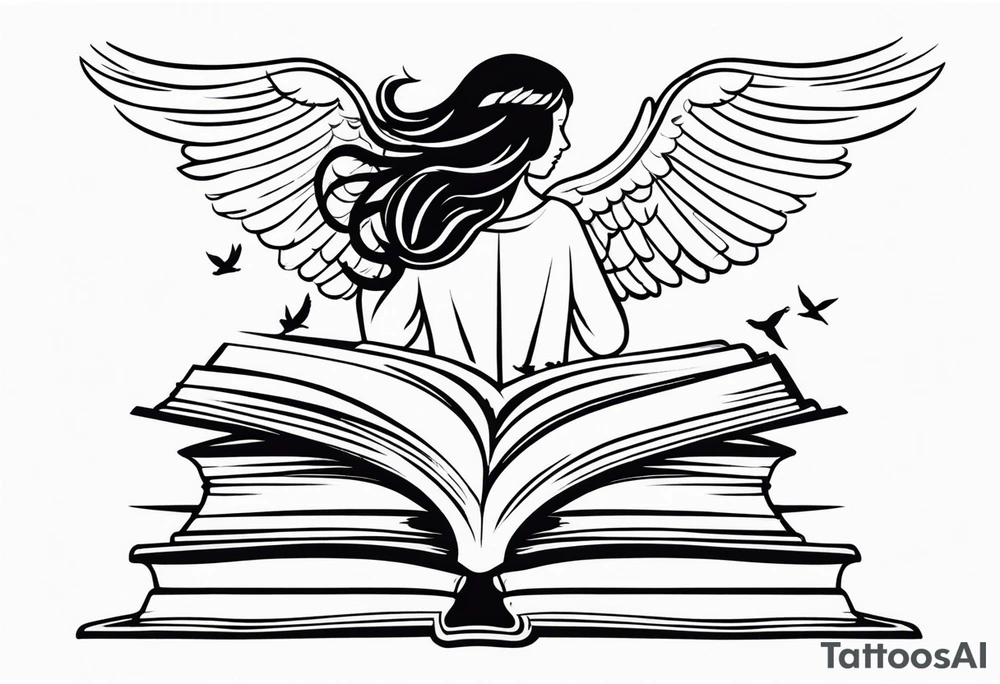 Small tattoo for shoulder. Angel kneeling next to open stack of books with bird silhouettes flying out of the book. tattoo idea