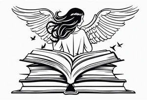 Small tattoo for shoulder. Angel kneeling next to open stack of books with bird silhouettes flying out of the book. tattoo idea