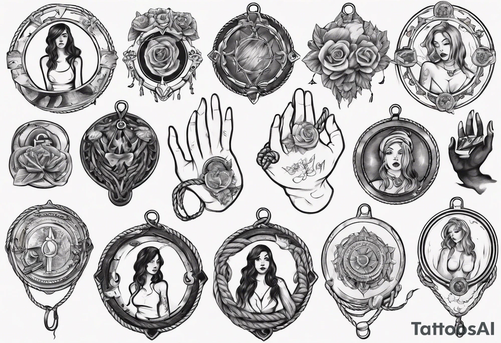 woman hand holding medallion with rope tattoo idea