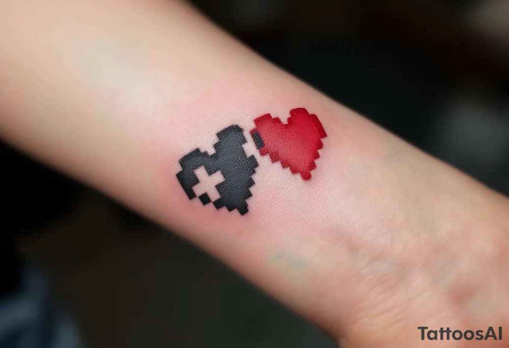 A black-and-red pixel heart duo for gamer couples, each missing half the pixels. tattoo idea