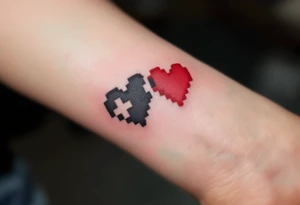 A black-and-red pixel heart duo for gamer couples, each missing half the pixels. tattoo idea