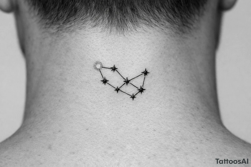 Close-up realism of a constellation with one fading star. tattoo idea