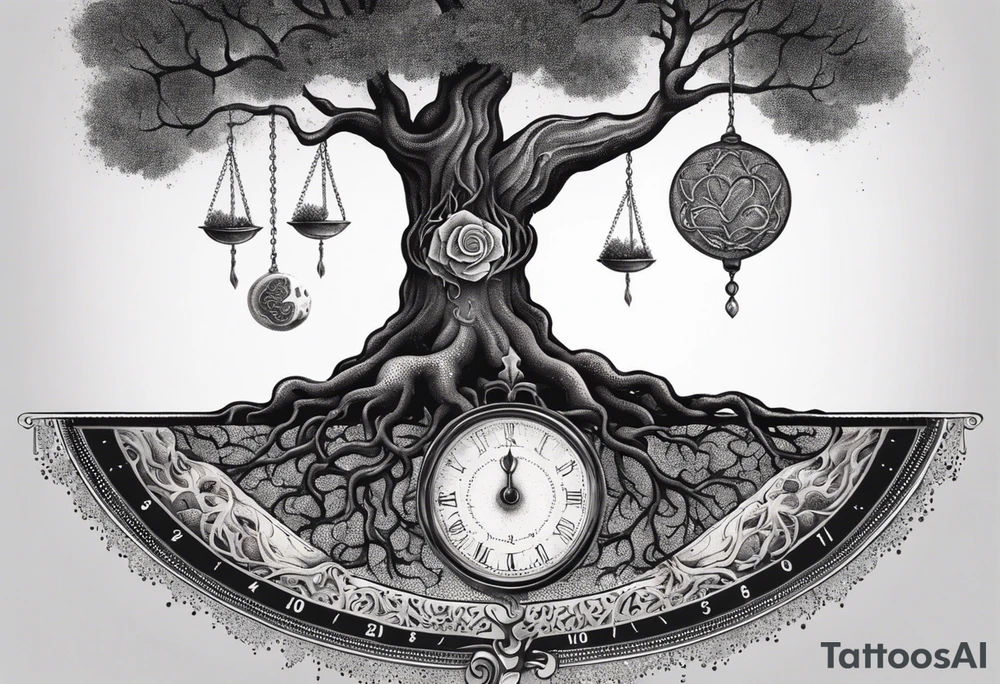 Tree with roots and a brain and heart on a scale hanging from the tree make with Greek mythology influences tattoo idea