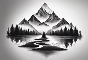 Design a symmetrical tattoo featuring a serene mountain landscape with a winding river and delicate trees, creating a balanced and harmonious composition tattoo idea