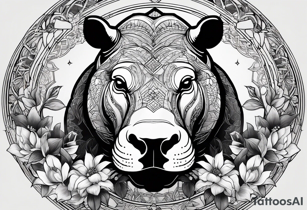 Very asymmetrical, +geometric pattern, with realistic full moon, with seeious looking hippo,,
with wintersweet flower bud, +portrait orientation, +inkart touch, tattoo idea